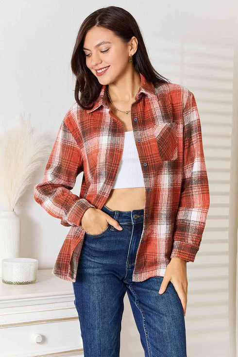 Double Take Plaid Collared Neck Long Sleeve Shirt - LISA MARIE BOUTIQUE