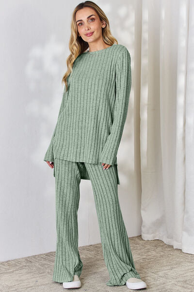 Cozy Basic Bae Top and Wide Leg Pants Set - LISA MARIE BOUTIQUE