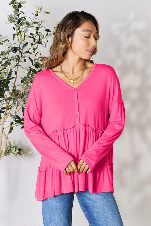 Half Button Long Sleeve Ruffle Hem Blouse - LISA MARIE BOUTIQUE