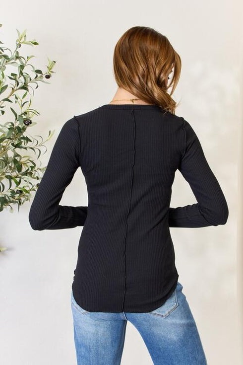 Culture Code Full Size Ribbed Round Neck Long Sleeve Top - LISA MARIE BOUTIQUE