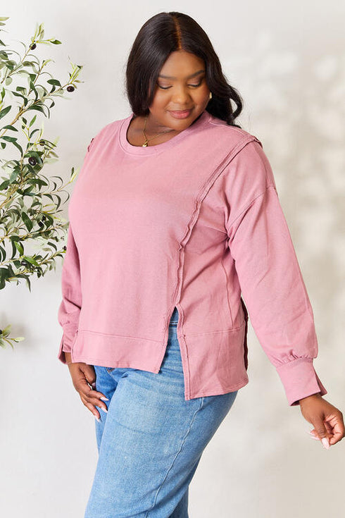 Culture Code Round Neck Exposed Seam Slit Top - LISA MARIE BOUTIQUE