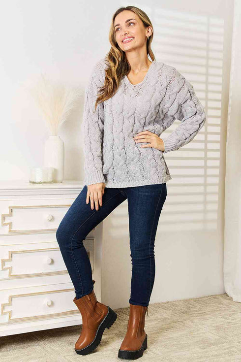 Woven Right Cable-Knit Hooded Sweater - LISA MARIE BOUTIQUE