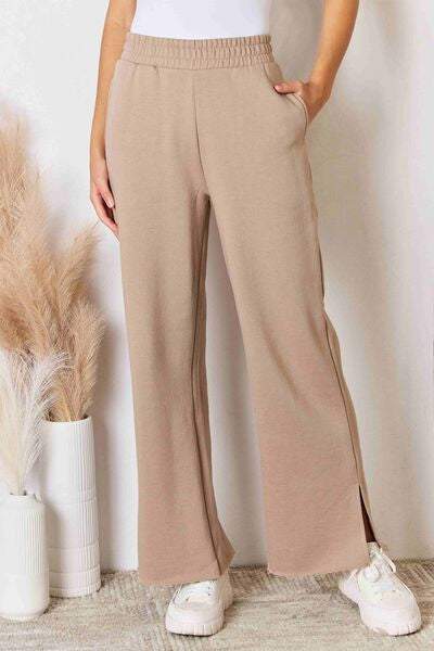 RISEN Wide Waistband Slit Wide Leg Pants - LISA MARIE BOUTIQUE