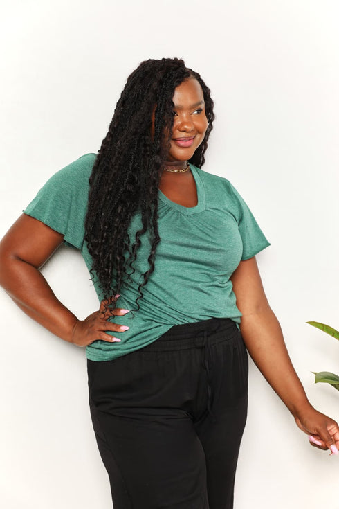 Double Take Ruched V-Neck Short Sleeve T-Shirt - LISA MARIE BOUTIQUE