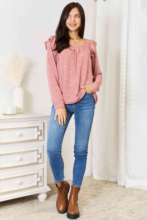 Double Take Square Neck Ruffle Shoulder Long Sleeve T-Shirt - LISA MARIE BOUTIQUE
