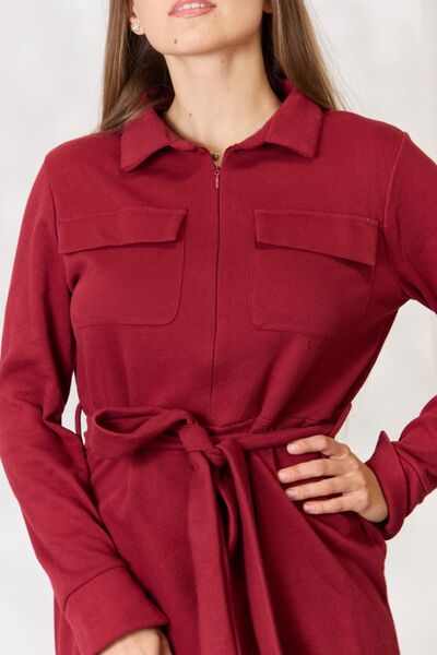 Culture Code Tie Front Half Zip Long Sleeve Shirt Dress - LISA MARIE BOUTIQUE