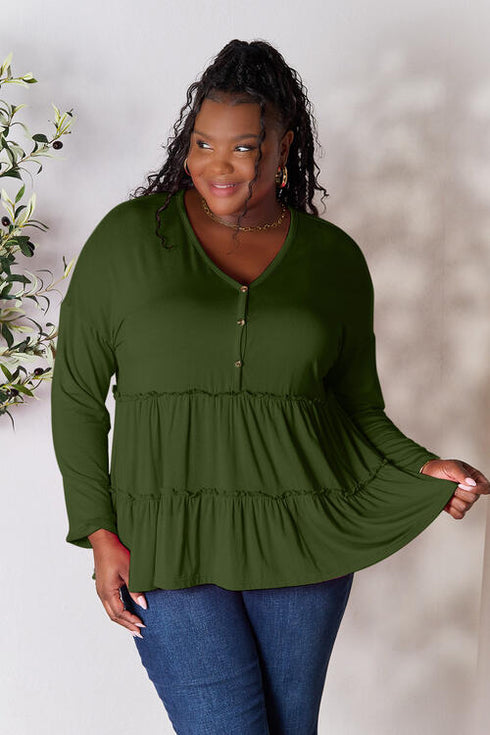 Half Button Long Sleeve Ruffle Hem Blouse - LISA MARIE BOUTIQUE