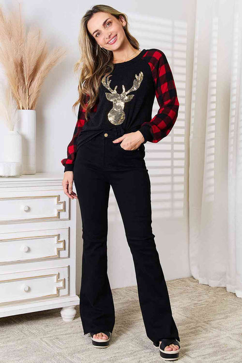 Heimish Sequin Reindeer Graphic Plaid Top - LISA MARIE BOUTIQUE