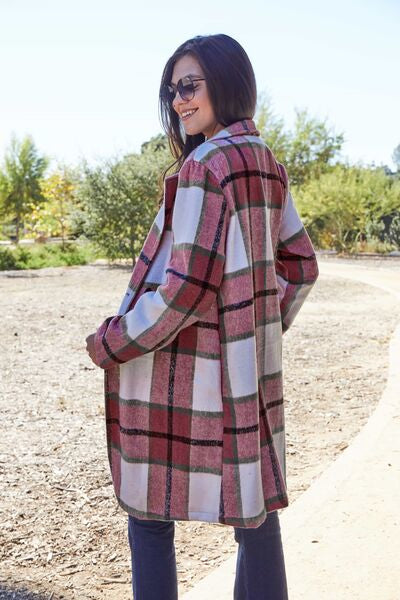 Plaid Button Up Lapel Collar Coat - LISA MARIE BOUTIQUE