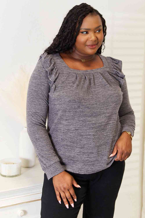 Double Take Square Neck Ruffle Shoulder Long Sleeve T-Shirt - LISA MARIE BOUTIQUE