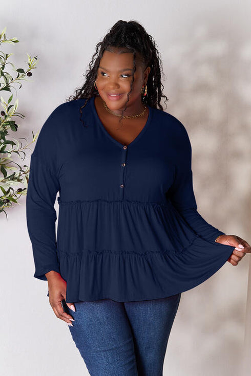 Half Button Long Sleeve Ruffle Hem Blouse - LISA MARIE BOUTIQUE