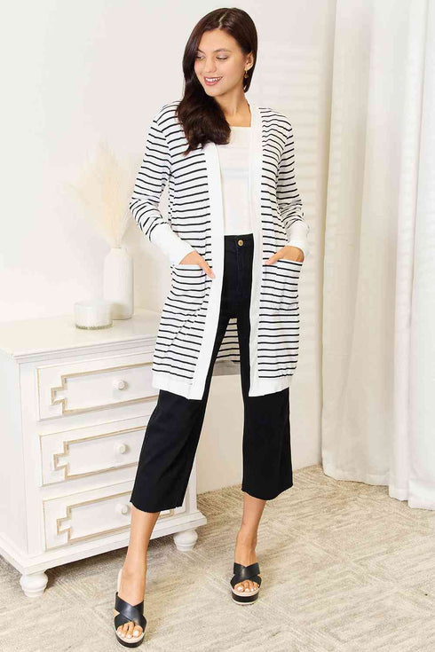 Double Take Striped Open Front Longline Cardigan - LISA MARIE BOUTIQUE