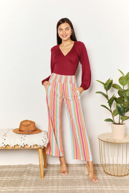 Double Take Striped Smocked Waist Pants with Pockets - LISA MARIE BOUTIQUE