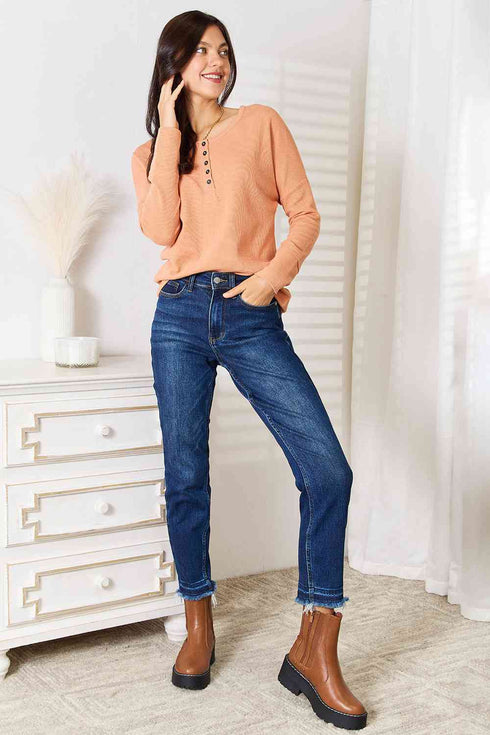 Basic Bae Half Button Long Sleeve Top - LISA MARIE BOUTIQUE
