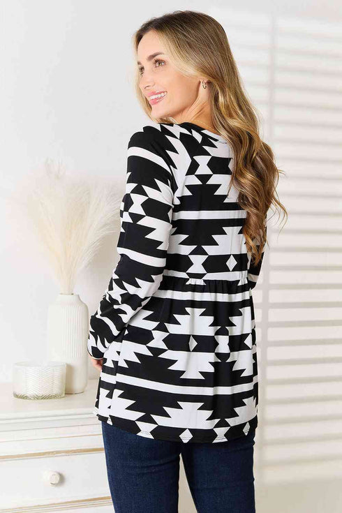 Heimish Geometric Notched Neck Long Sleeve Top - LISA MARIE BOUTIQUE