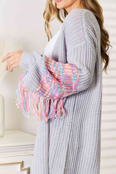 Woven Right Fringe Sleeve Dropped Shoulder Cardigan - LISA MARIE BOUTIQUE