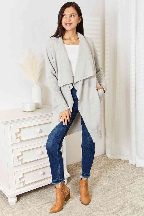 Double Take Open Front Duster Cardigan with Pockets - LISA MARIE BOUTIQUE