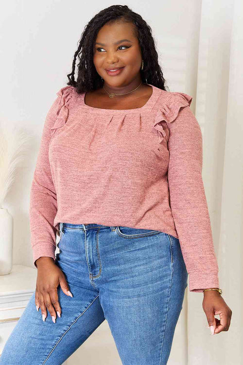 Double Take Square Neck Ruffle Shoulder Long Sleeve T-Shirt - LISA MARIE BOUTIQUE