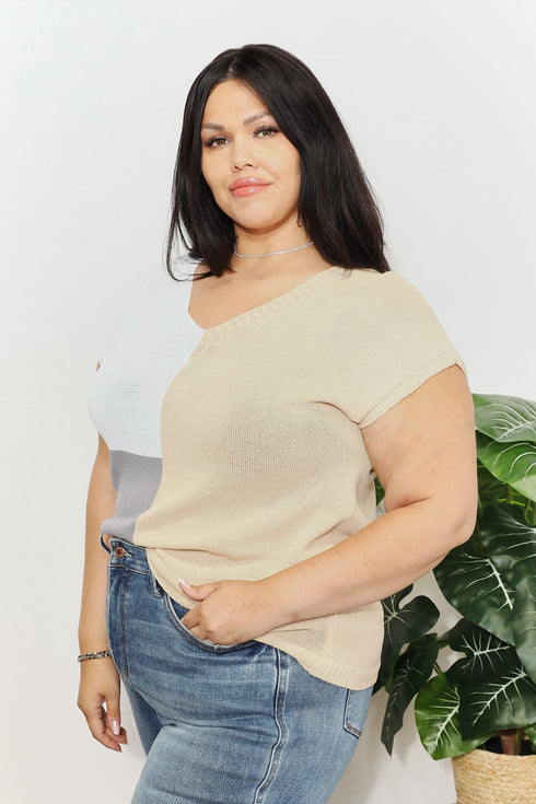 Double Take Color Block V-Neck Knit Top - LISA MARIE BOUTIQUE