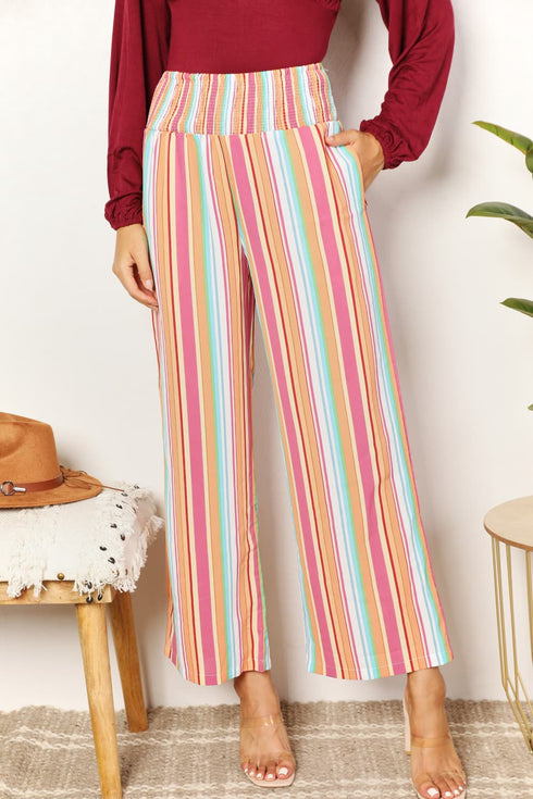 Double Take Striped Smocked Waist Pants with Pockets - LISA MARIE BOUTIQUE