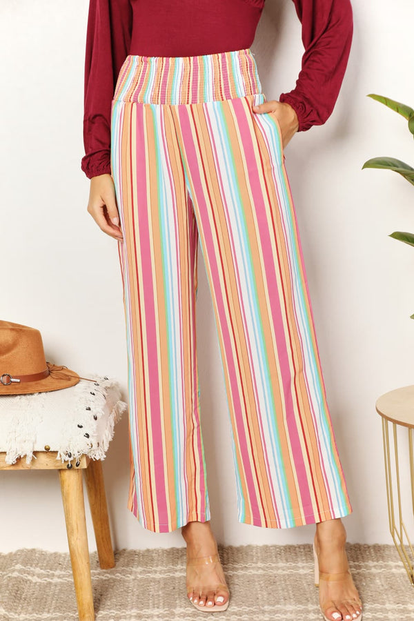 Double Take Striped Smocked Waist Pants with Pockets - LISA MARIE BOUTIQUE