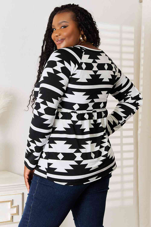 Heimish Geometric Notched Neck Long Sleeve Top - LISA MARIE BOUTIQUE