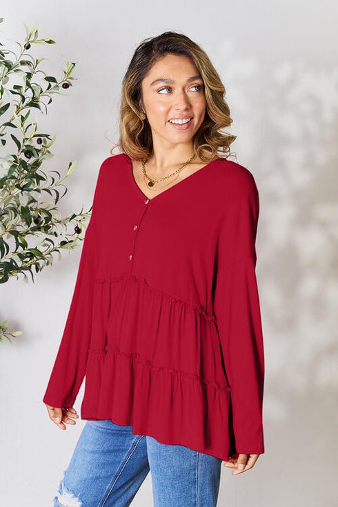 Half Button Long Sleeve Ruffle Hem Blouse - LISA MARIE BOUTIQUE