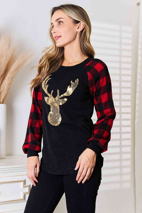 Heimish Sequin Reindeer Graphic Plaid Top - LISA MARIE BOUTIQUE