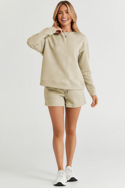 Double Take Full Size Texture Long Sleeve Top and Drawstring Shorts Set - LISA MARIE BOUTIQUE