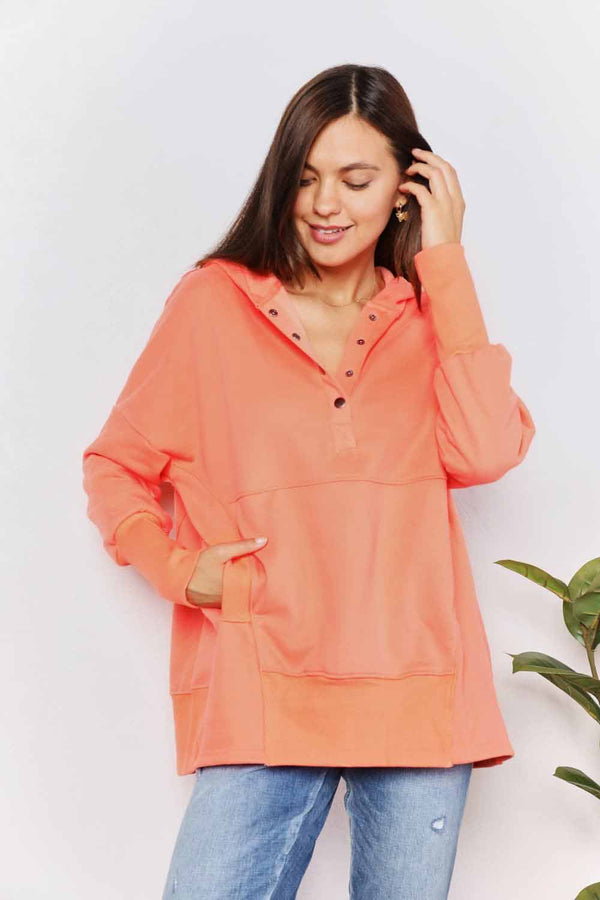 Double Take Quarter-Snap Dropped Shoulder Hoodie - LISA MARIE BOUTIQUE