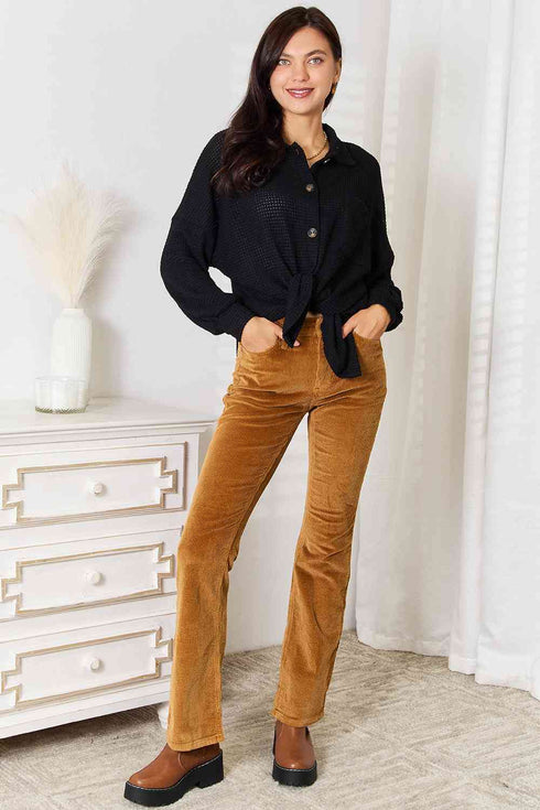 Double Take Waffle-Knit Collared Neck Dropped Shoulder Shirt - LISA MARIE BOUTIQUE
