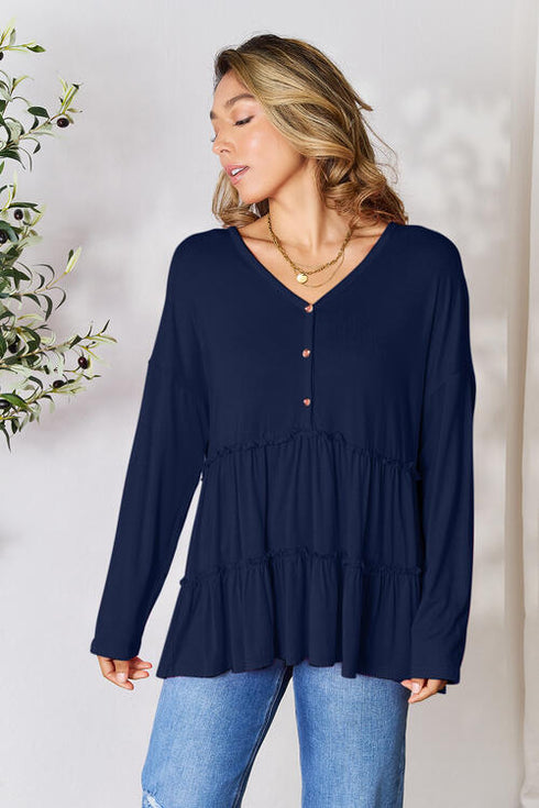 Half Button Long Sleeve Ruffle Hem Blouse - LISA MARIE BOUTIQUE