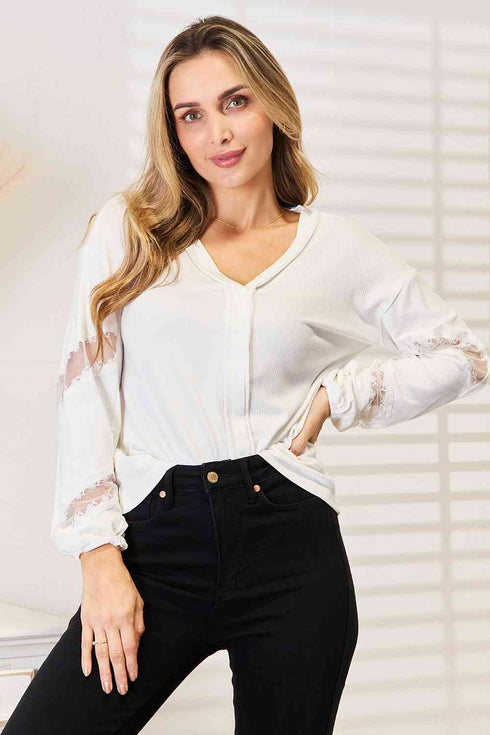 Double Take V-Neck Dropped Shoulder Blouse - LISA MARIE BOUTIQUE