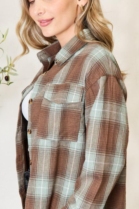 Double Take Plaid Dropped Shoulder Shirt - LISA MARIE BOUTIQUE