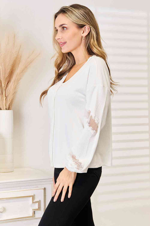 Double Take V-Neck Dropped Shoulder Blouse - LISA MARIE BOUTIQUE