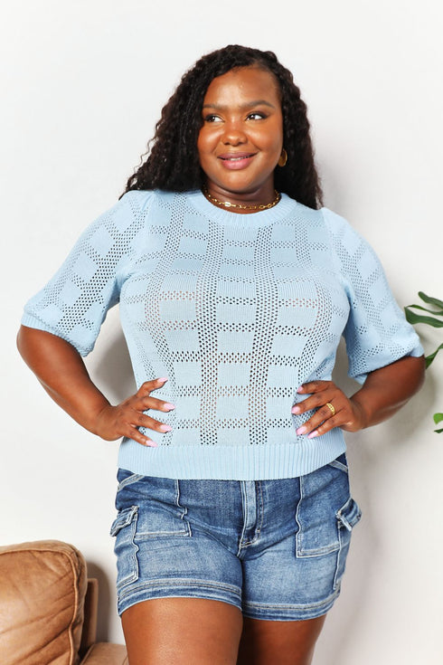 Double Take Ribbed Trim Round Neck Knit Top - LISA MARIE BOUTIQUE