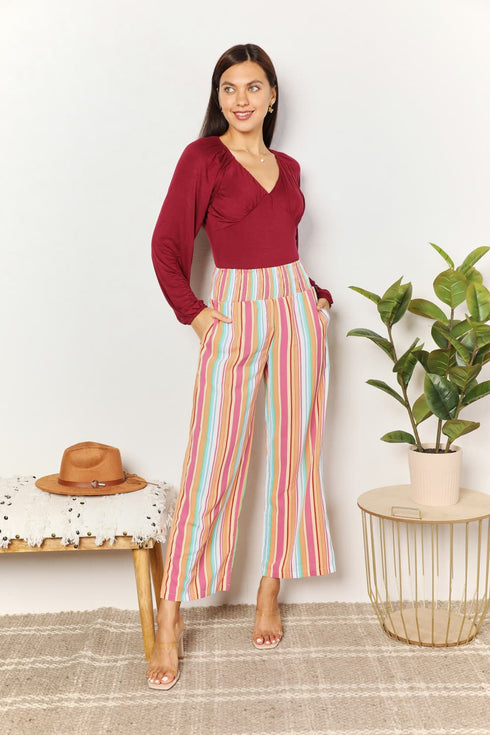 Double Take Striped Smocked Waist Pants with Pockets - LISA MARIE BOUTIQUE