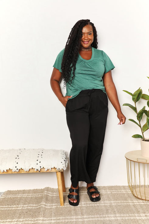 Double Take Ruched V-Neck Short Sleeve T-Shirt - LISA MARIE BOUTIQUE