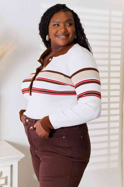 Basic Bae Striped Collared Neck Rib-Knit Top - LISA MARIE BOUTIQUE