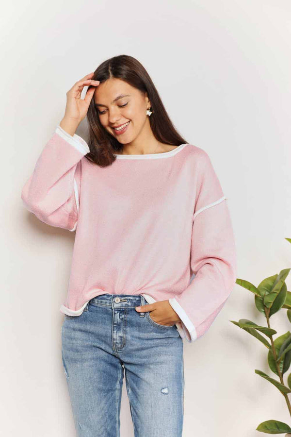 Double Take Contrast Detail Dropped Shoulder Knit Top - LISA MARIE BOUTIQUE