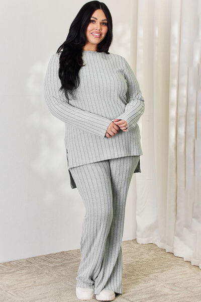 Cozy Basic Bae Top and Wide Leg Pants Set - LISA MARIE BOUTIQUE