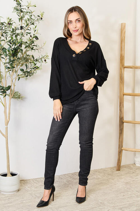 Zenana Buttoned Long Sleeve Blouse - LISA MARIE BOUTIQUE