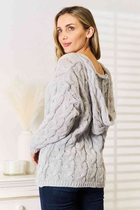 Woven Right Cable-Knit Hooded Sweater - LISA MARIE BOUTIQUE