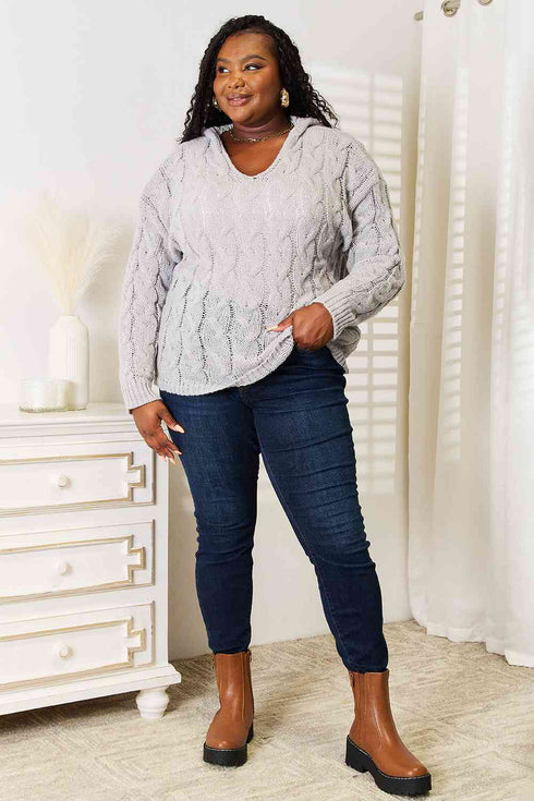 Woven Right Cable-Knit Hooded Sweater - LISA MARIE BOUTIQUE