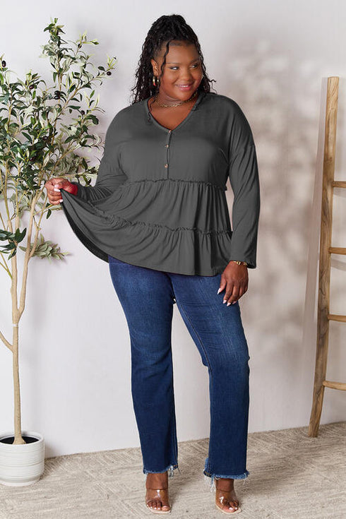 Half Button Long Sleeve Ruffle Hem Blouse - LISA MARIE BOUTIQUE