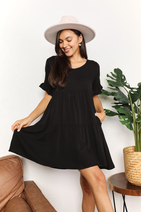 Double Take V-Neck Flounce Sleeve Tiered Dress - LISA MARIE BOUTIQUE