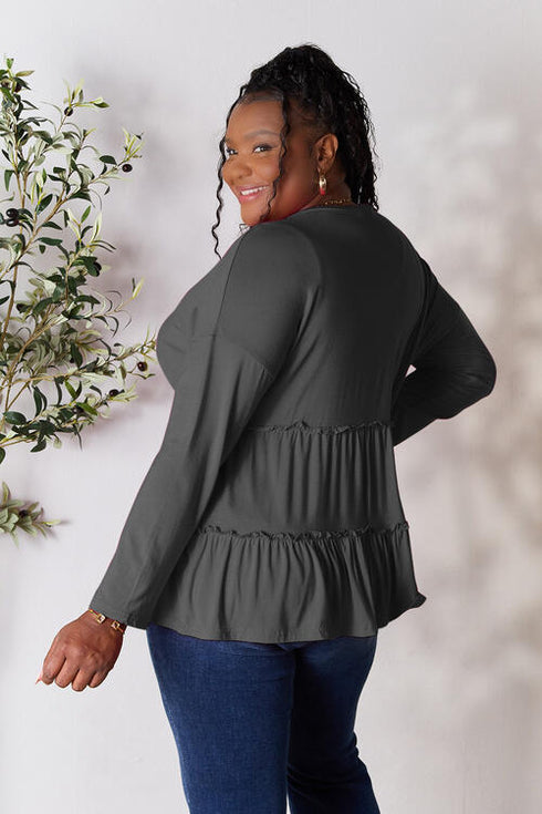 Half Button Long Sleeve Ruffle Hem Blouse - LISA MARIE BOUTIQUE
