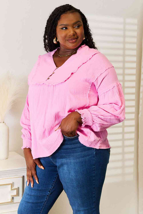 Double Take Exposed Seam Buttoned Notched Neck Blouse - LISA MARIE BOUTIQUE