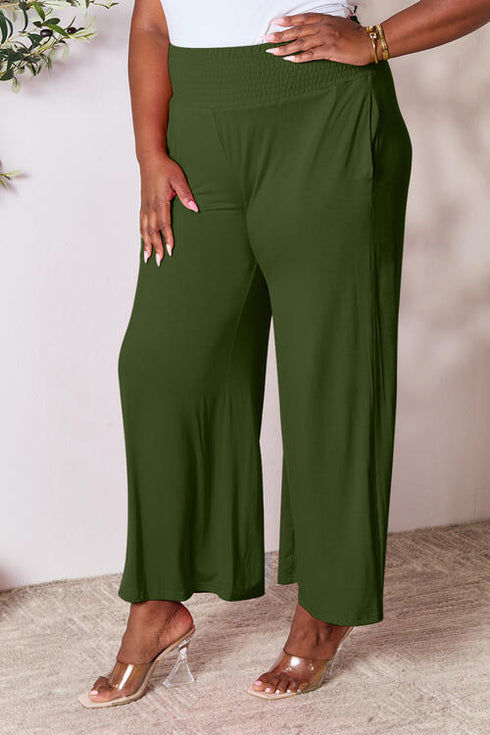 Double Take Full Size Smocked Wide Waistband Wide Leg Pants - LISA MARIE BOUTIQUE