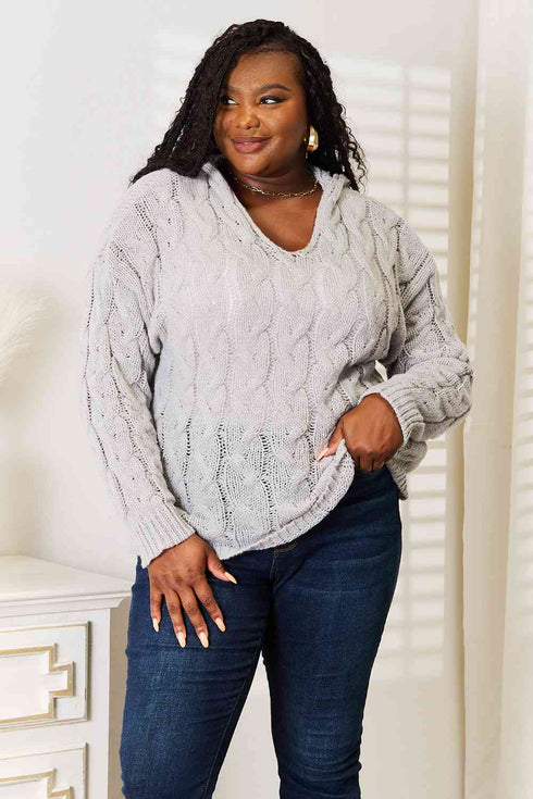 Woven Right Cable-Knit Hooded Sweater - LISA MARIE BOUTIQUE